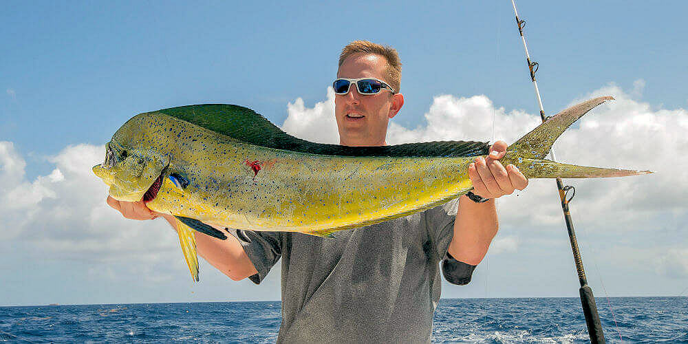 Longer Days client Holding a big Hatteras Mahi Mahi on our offshore charter boat.