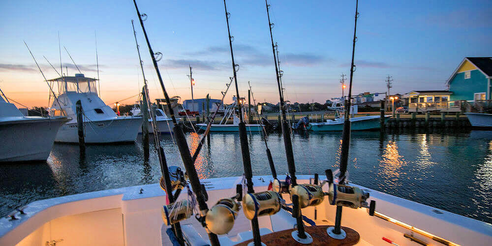 Evening picture of Longer Days rods and reel selections on our way to the boat slip at Teach's Lair Marina Hatteras NC. 
